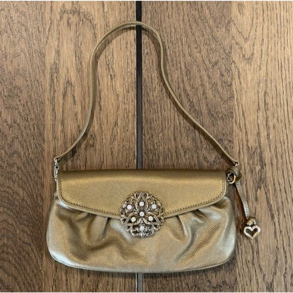 Brighton Empress Gold Leather Clutch Shoulder Bag Jeweled Swarovski Crystals